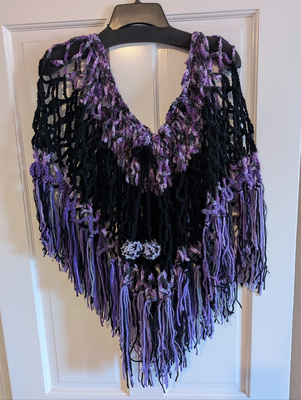 Women's Handmade Black and Purple Crochet Fringe Poncho
